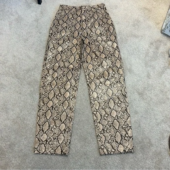 Zara Snake Print Faux Leather Pants Sand Brown High Waist Sz S